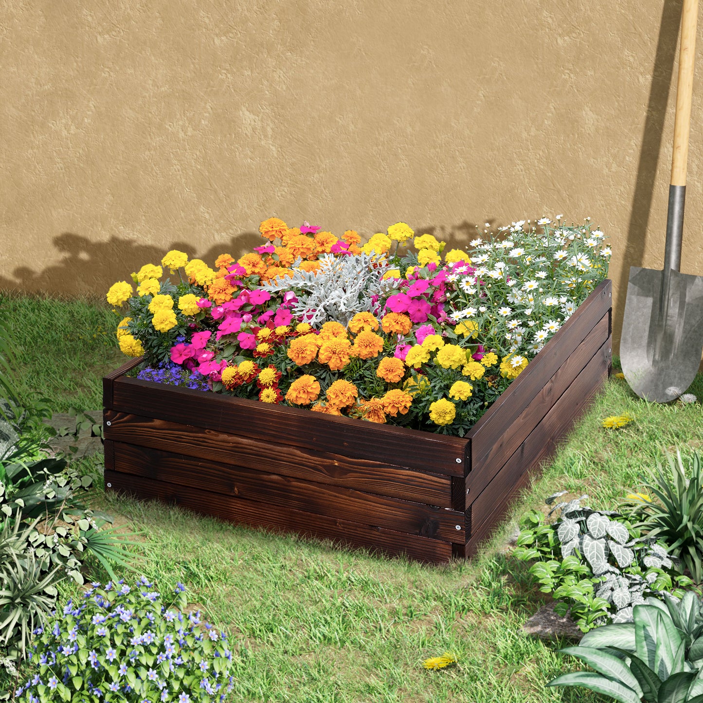 Outsunny Hochbeet, Pflanzkasten, Gemüsebeet, Kräuterbeet, Massivholz, Dunkelbraun, 60 x 60 x 23 cm