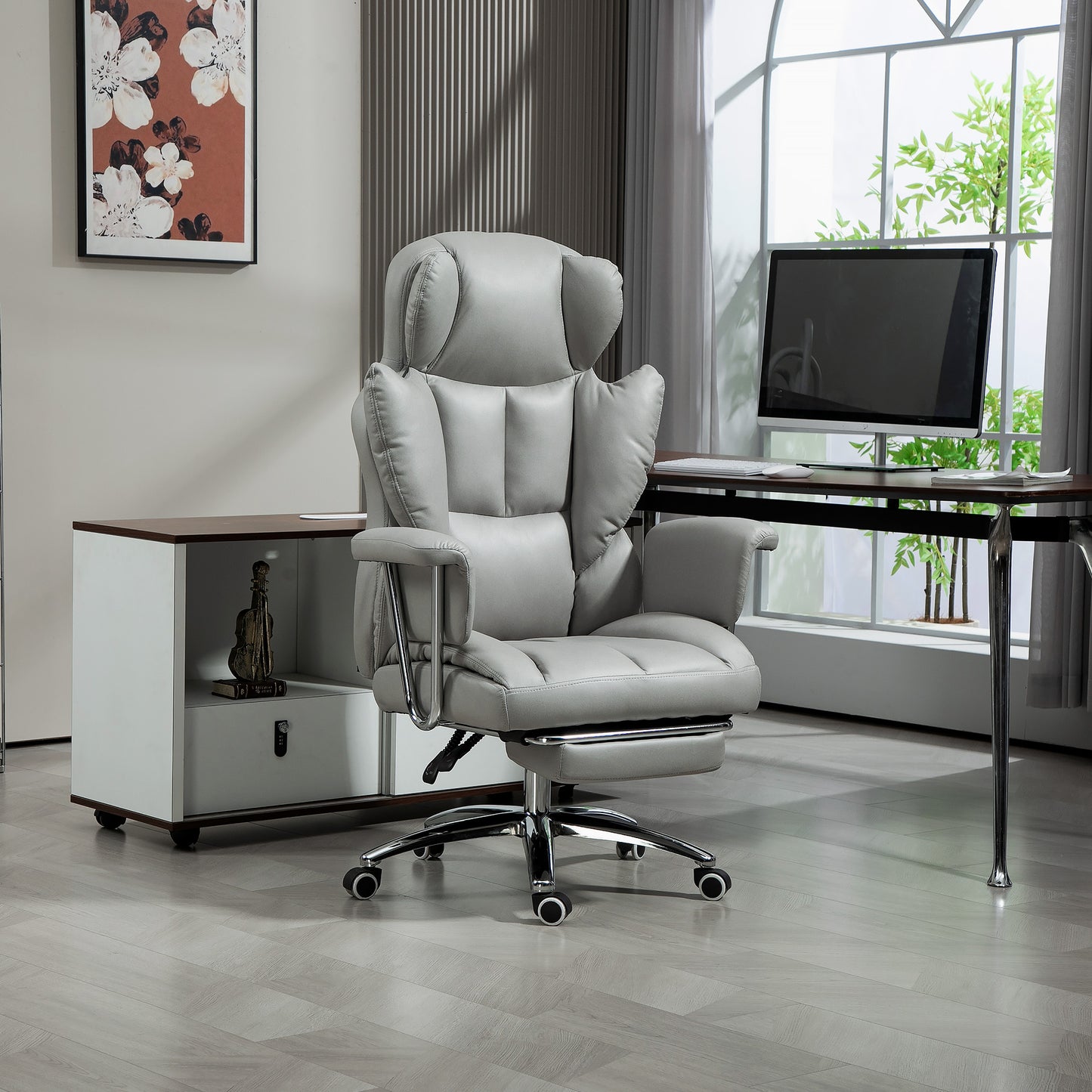 HOMCOM Ergonomischer Bürostuhl, gepolstert, mit Fußstütze, verstellbarer Lehne, 360° drehbar, Hellgrau