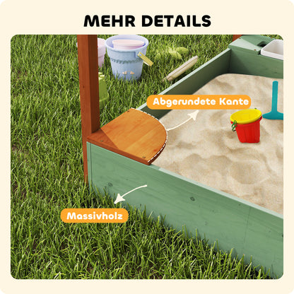 AIYAPLAY Sandkasten mit Sonnendach für Kinder, 2 Aufbewahrungsbehälter, 116L x 112,5B x 128H cm, Tannenholz, Kunststoff, Grün
