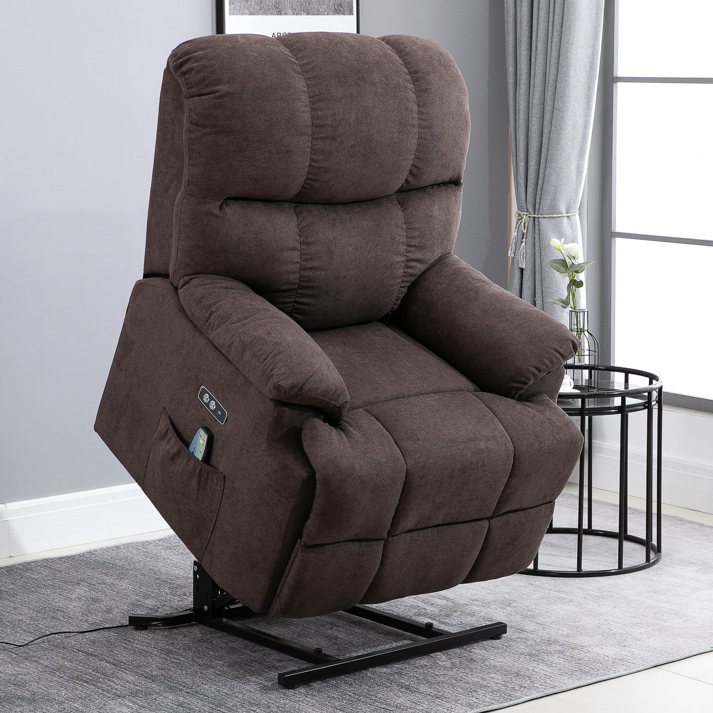 HOMCOM Relaxsessel mit Aufstehhilfe, 160° verstellbare Rückenlehen, Massage- und Wärmefunktion, 83 cm x 95 cm x 105 cm, Braun
