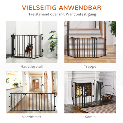 PawHut Hunde Absperrgitter Türschutzgitter Haustierschutzgitter verstellbar klappbar Kamingitter mit automatische schließenden Tür 3 Paneele für Ofen Wandmontage/Freistehend Schwarz 202,5 x 76 cm