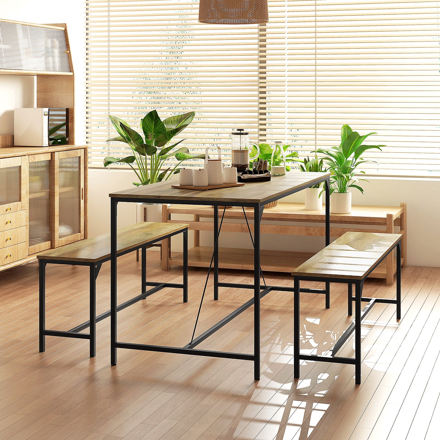 HOMCOM Essgarnitur, Tisch &amp; 2 Bänke, Industrial Design, Stahlrahmen, Holzdekor/Schwarz