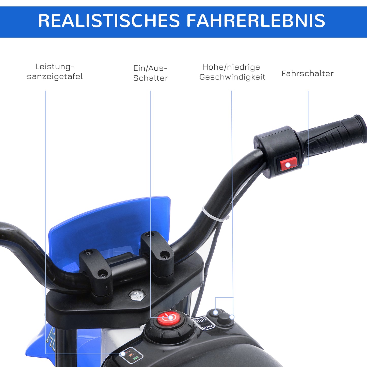 HOMCOM Kindermotorrad, Elektromotorrad, 45 Min Fahrzeit, mit Stützrädern, ab 3 Jahren, blau+weiß, 106,5 x 51,5 x 68cm