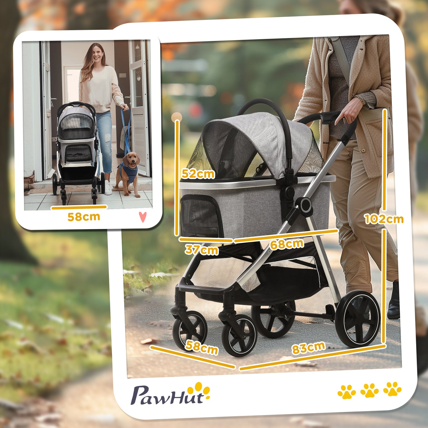 PawHut Hundebuggy Hundewagen bis 10 kg Klappbar Tragtasche Bodenkorb 83 cm x 58 cm x 102 cm, Hellgrau