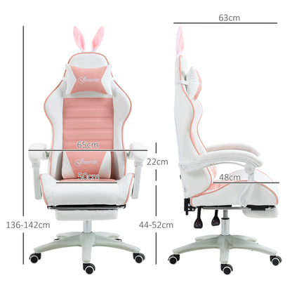 Vinsetto Gaming Stuhl Ergonomischer Gamer Stuhl mit Lendenwirbelstütze, Fußstütze Hasenohren Kopfkissen Rosa