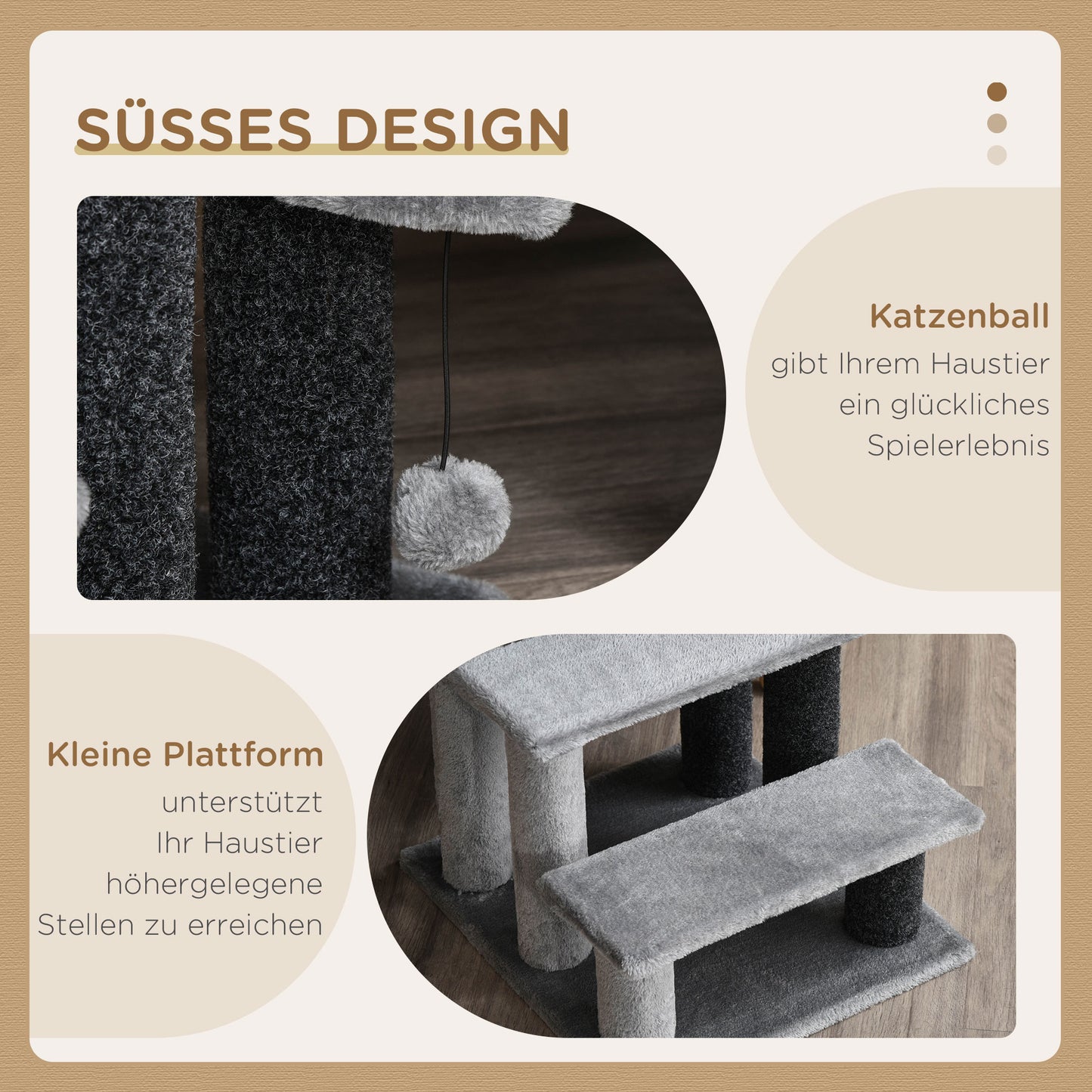 PawHut Katzentreppe 3-Stufige Haustiertreppe mit Kratzsäulen Ball Hundetreppe Tiertreppe for Katzen bis 5 كجم Plüsch Jute Grau 45 × 40 × 48 سم