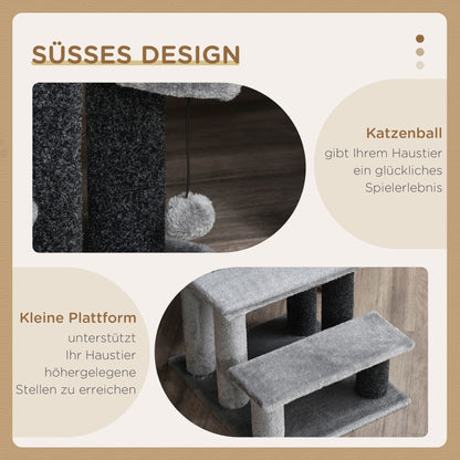 PawHut Katzentreppe 3-Stufige Haustiertreppe mit Kratzsäulen Ball Hundetreppe Tiertreppe for Katzen bis 5 كجم Plüsch Jute Grau 45 × 40 × 48 سم