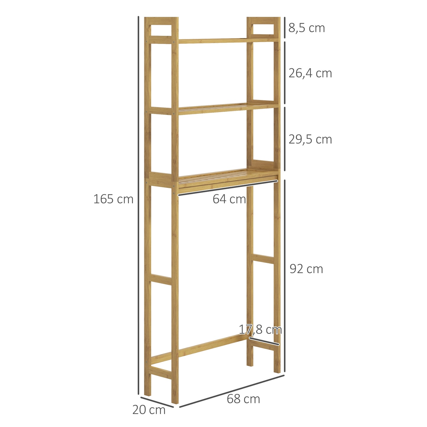 kleankin Badezimmerregal Badregal Toilettenregal, 3 Regale, wasserbeständig, 68 cm x 20 cm x 165 cm, Natur