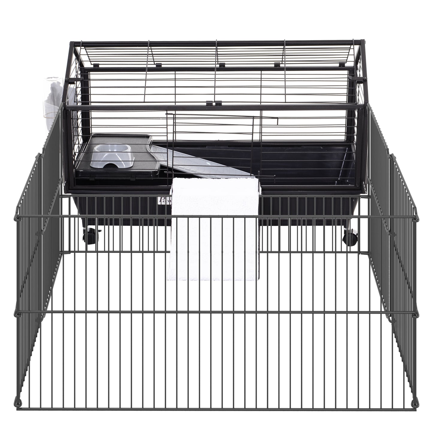 Pawhut Kleintierkäfig mit Freigehege inkl. Zubehör 88 cm x 128,5 cm x 56 cm 4 Rollen Schwarz Metall Polypropylen