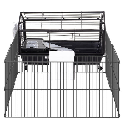 Pawhut Kleintierkäfig mit Freigehege inkl. Zubehör 88 cm x 128,5 cm x 56 cm 4 Rollen Schwarz Metall Polypropylen