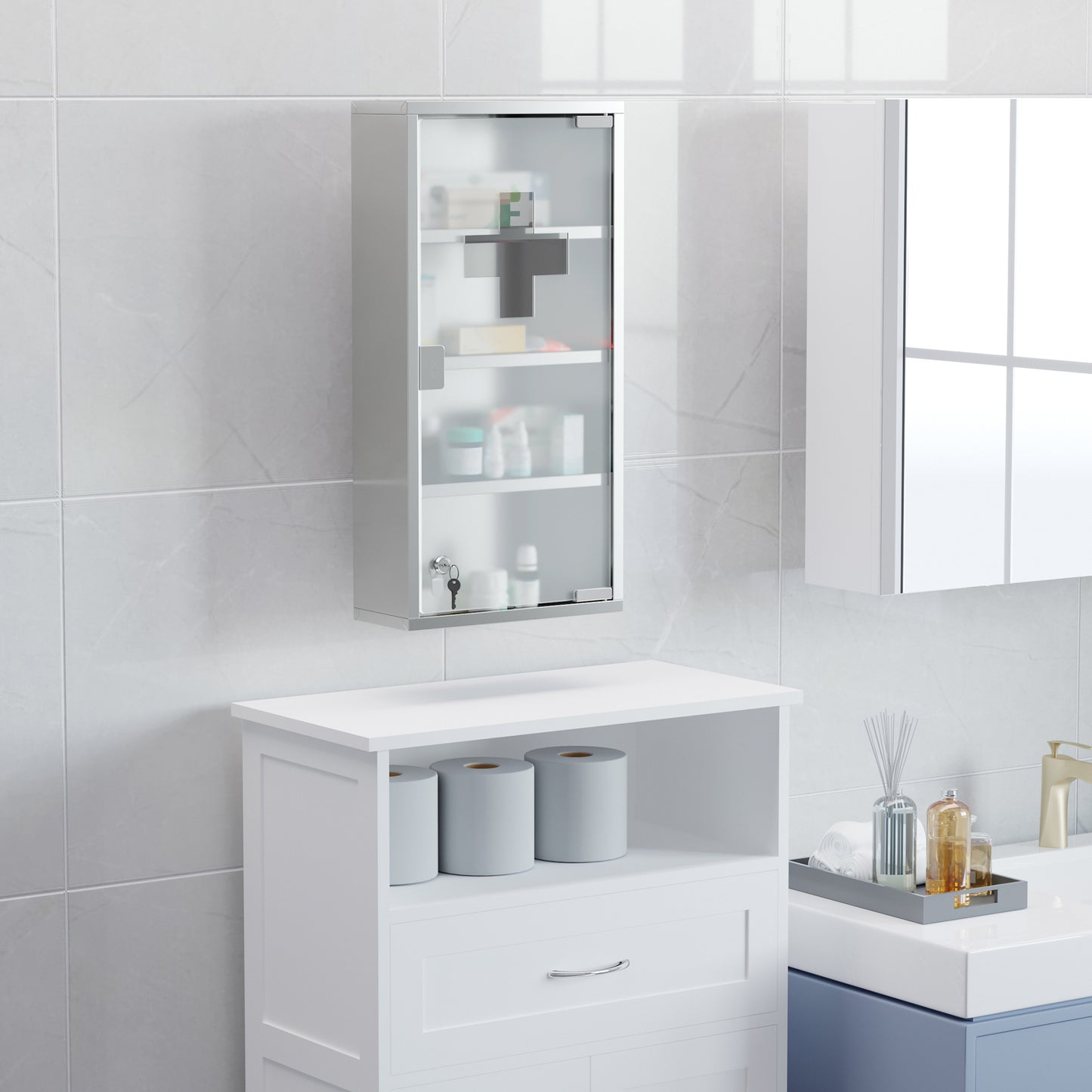 HOMCOM Medizinschrank Arzneischrank aus Edelstahl, Abschließbar Medikamentenschrank mit 4 Fächern, Glastür Apothekerschrank zur Medikamenten-Aufbewahrung, 30 x 12 x 60 cm