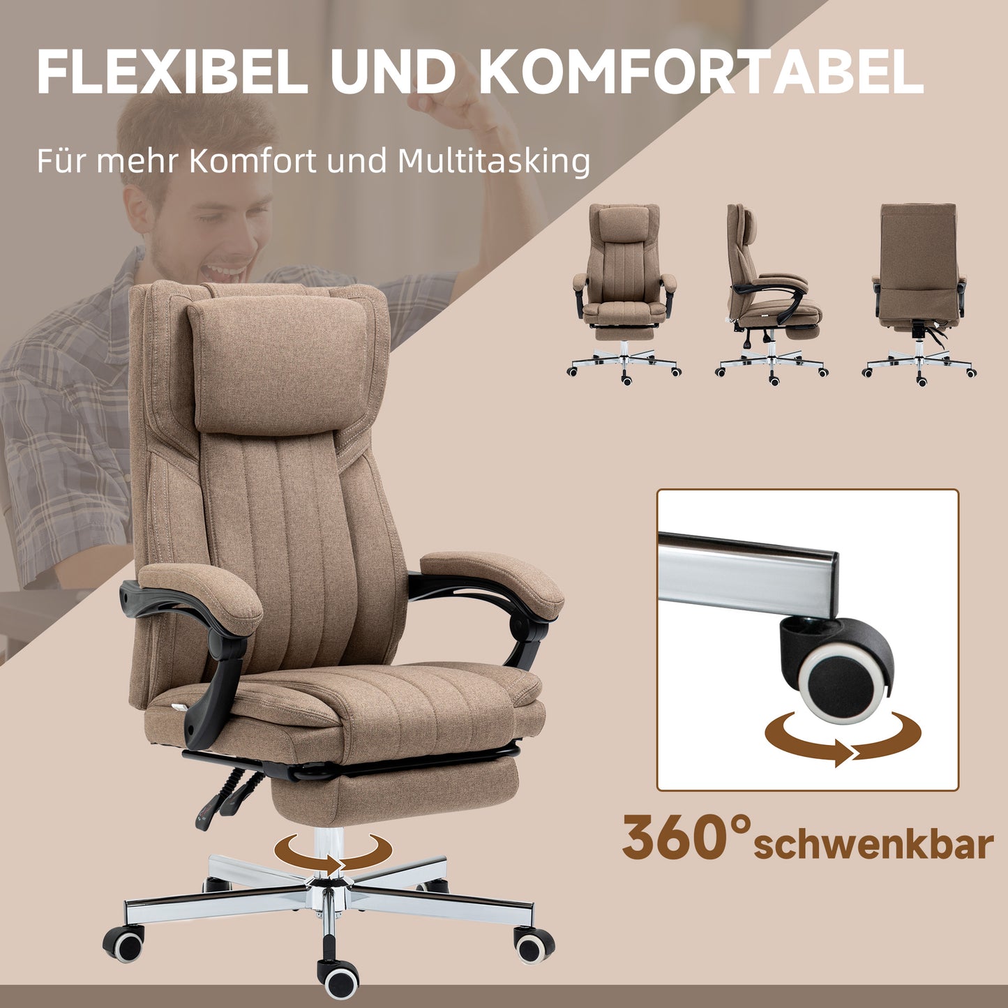 Vinsetto Bürostuhl mit Massagefunktion, neigbare Rücklehne, ausziehbare Fußstütze, Leinenoptik, 65 x 61 x 118 cm, Braun