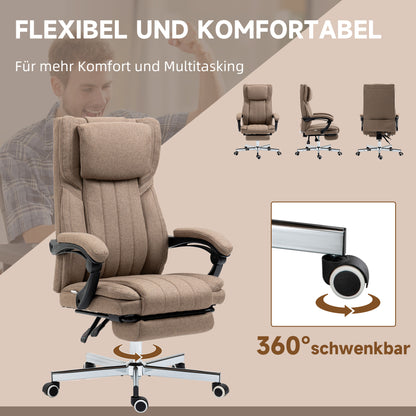 Vinsetto Bürostuhl mit Massagefunktion, neigbare Rücklehne, ausziehbare Fußstütze, Leinenoptik, 65 x 61 x 118 cm, Braun