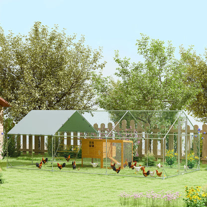 PawHut Hühnerstall, Freilaufgehege für Hühner, mit UV-beständiger Plane, Stahlgitter, Futterautomat, für 18-24 Hühner