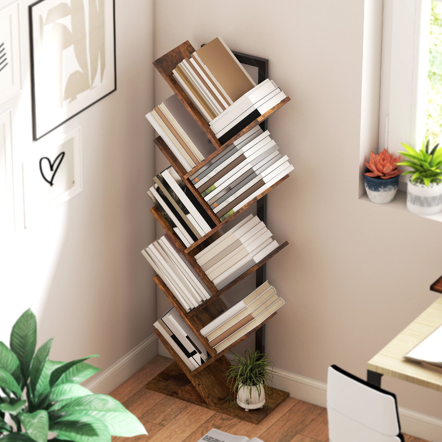 HOMCOM Bücherregal Standregal mit 9 Ebenen Schmal Regal im Baumform für Büro, Rustikal Braun