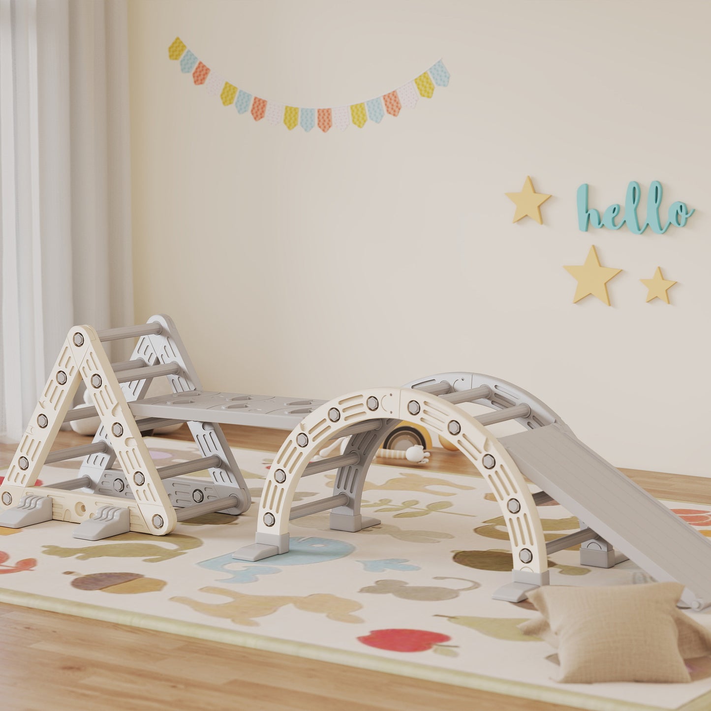 AIYAPLAY Klettergerüst Indoor, 5 in 1 Kletterdreieck mit Rutsche, Kletterbogen, inkl. doppelseitige Rampe, Spielplatz Indoor für Kinder 18-48 Monate, Grau+Weiß