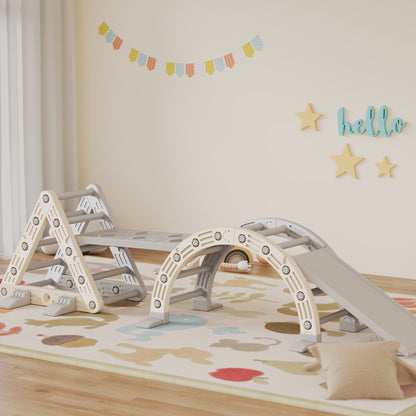 AIYAPLAY Klettergerüst Indoor, 5 in 1 Kletterdreieck mit Rutsche, Kletterbogen, inkl. doppelseitige Rampe, Spielplatz Indoor für Kinder 18-48 Monate, Grau+Weiß