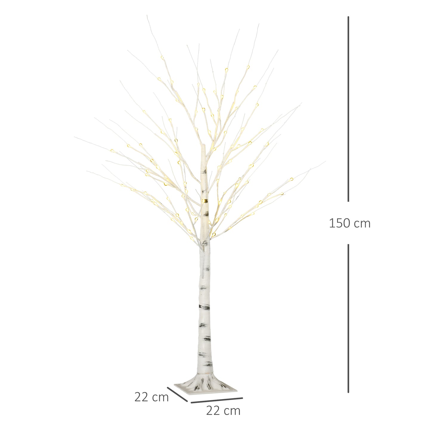 HOMCOM Künstliche Birke mit LEDs, biegsame Äste, Kunststoff und Metall, 150 cm, Weiß