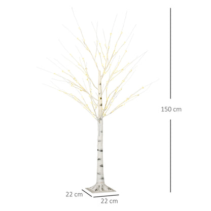 HOMCOM Künstliche Birke mit LEDs, biegsame Äste, Kunststoff und Metall, 150 cm, Weiß