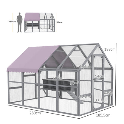 PawHut Hühnerstall Hühnerhaus Hühnerhütte, begehbar, wetterbeständig, 280 x 185,5 x 188 cm, Grau