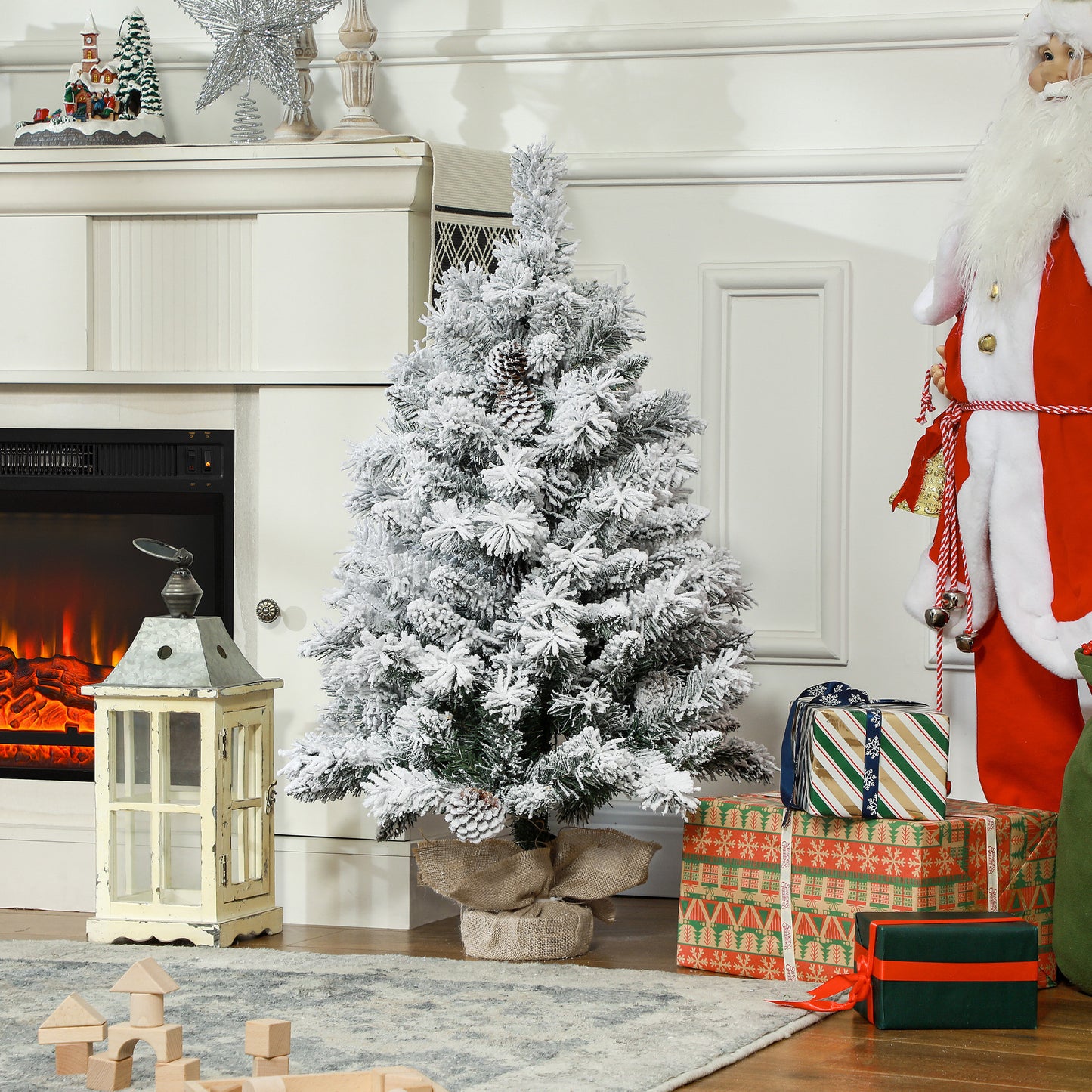 HOMCOM Weihnachtsbaum 92 سم، LED-Lichter، Schneezweige، Tannenzapfen، flammenhemmend، Betonfuß