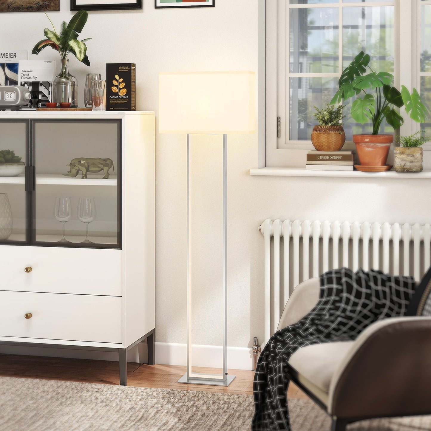 HOMCOM Moderne Stehlampe, 3 Modi, Fußschalter, verstellbare Helligkeit, Leinenoptik, Weiß