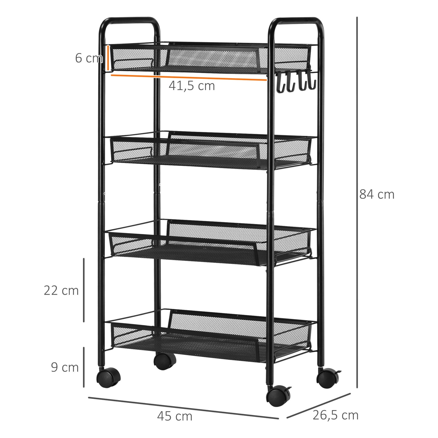 HOMCOM Rollwagen mit 4 Hängekörben, Servierwagen auf Rollen, fahrbar, abnehmbare Haken, Stahl, 45 x 26,5 x 84 cm, Schwarz