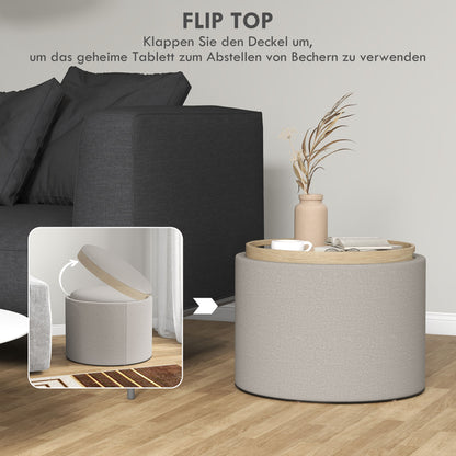 HOMCOM Hocker Polsterhocker, Leinen, versteckter Stauraum, umkehrbarer Deckel, 56cm x 56 cm x 42 cm, Hellgrau + Natur