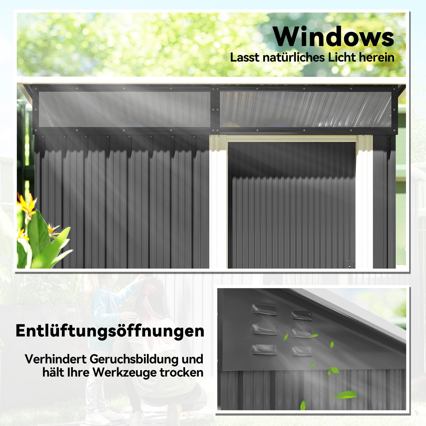 Outsunny Gartenschuppen, Geräteschuppen mit Fenstern, Lüftungsöffnungen, Schiebetür, wasserdichter Stahl, wetterfest, Dunkelgrau
