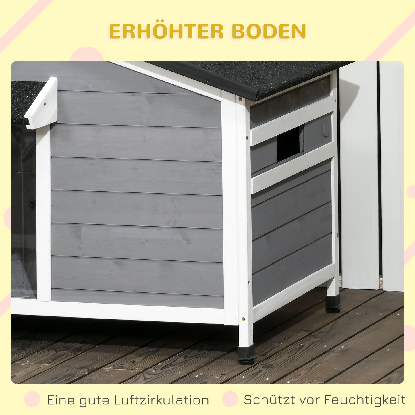 PawHut Hundehütte aus Massivholz, wetterbeständig, Asphaltdach, abnehmbarer Boden, 109 cm x 79 cm x 72 cm, Grau + Weiß