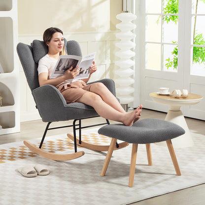 HOMCOM Schaukelstuhl mit Fußhocker، Weicher Fleece-Bezug، Holzbeine، Kissen، hohe Rückenlehne، Schaukelsessel، Dunkelgrau