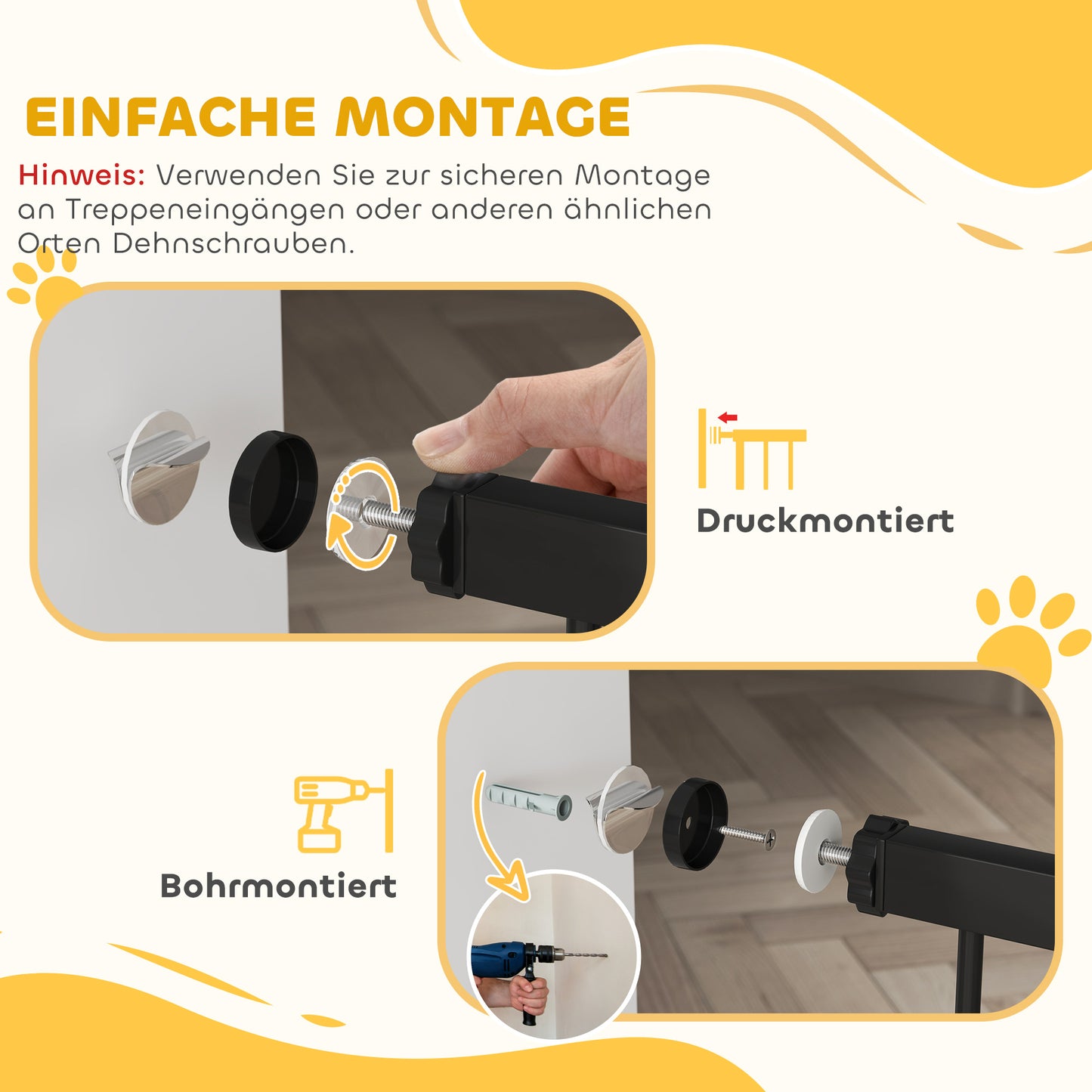PawHut 106 cm hohes Haustiergitter mit anpassbarer Breite, integrierte Katzentür, für Treppen und Türrahmen, Schwarz