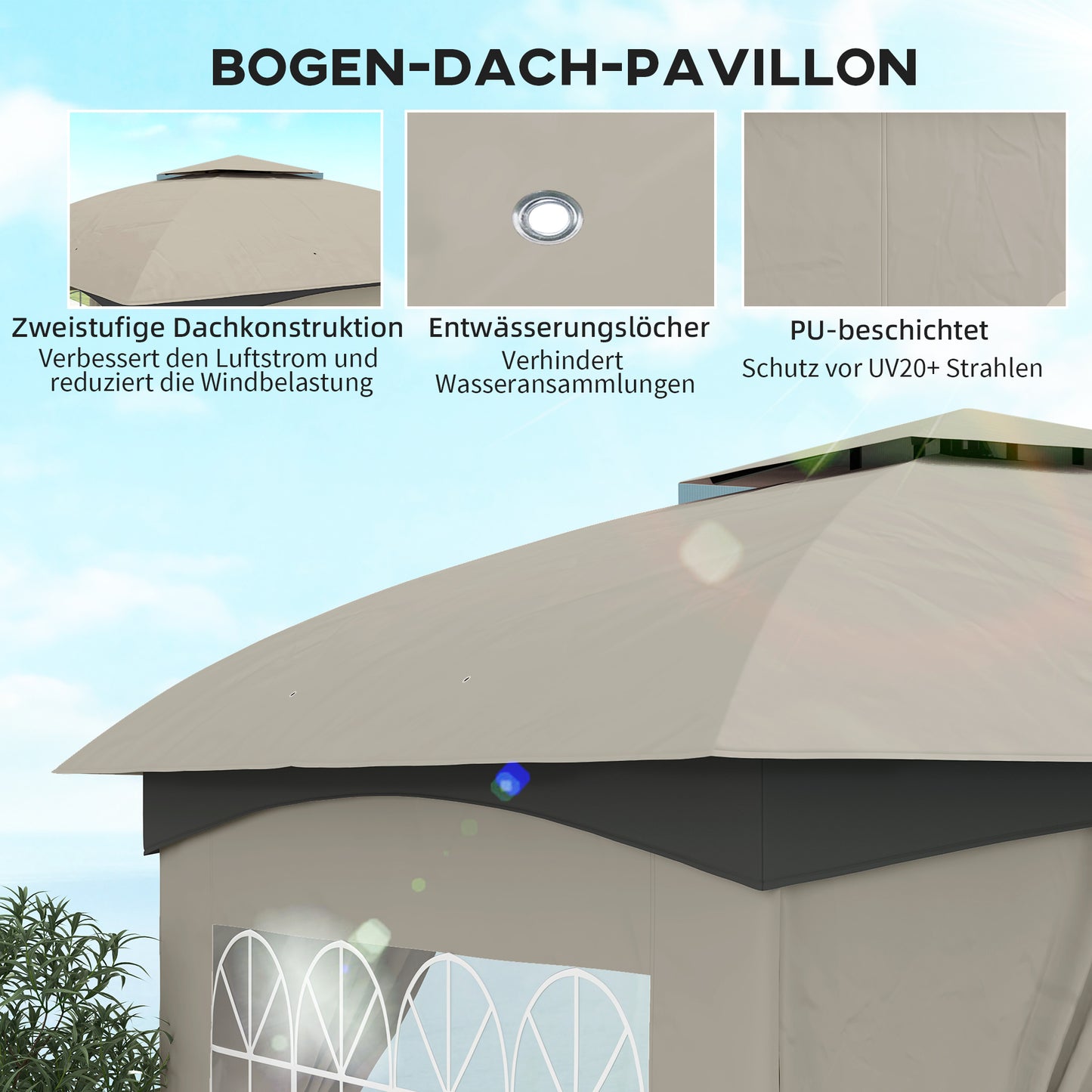Outsunny 3,4 x 3,4 m Gartenpavillon, Bierzelt mit Lüftungsdach, Bogenfenstern, Stahlgestell, Hellgrau