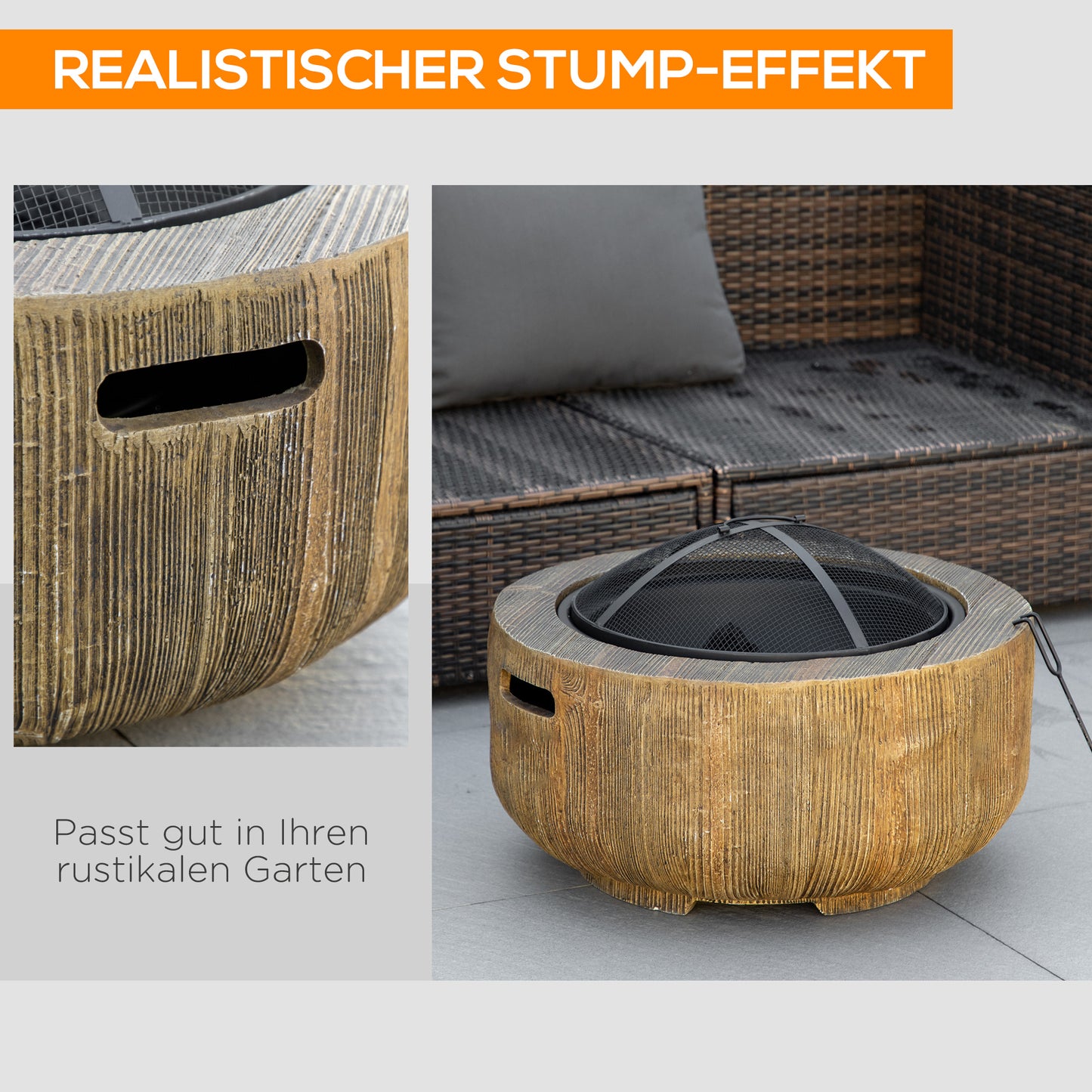 Outsunny Feuerschale im Baumstumpf-Design, Funkengitter, Kohlerost, Schürhaken, Ø61,5 x 39 cm