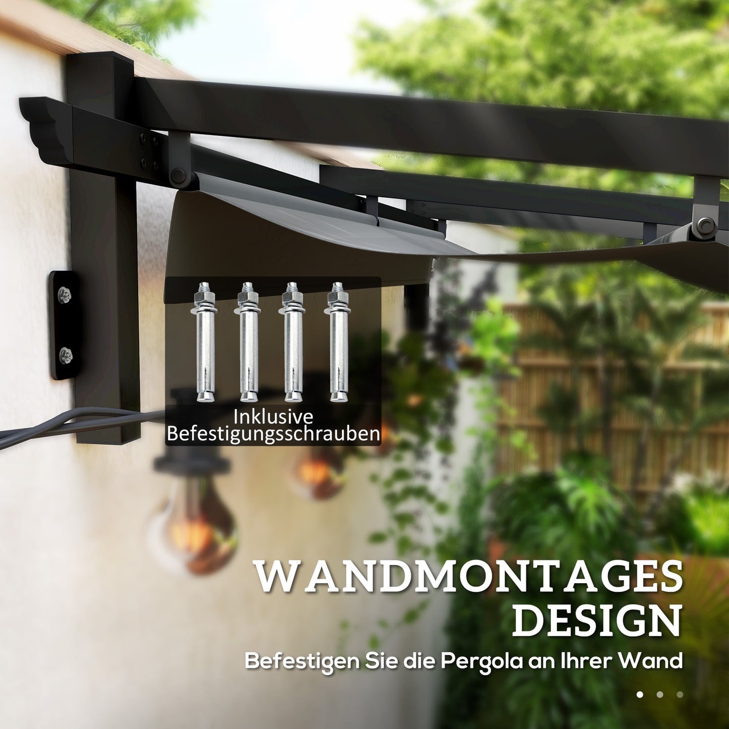 Outsunny Pavillon, 3 x 3 m Pergola, Winddichtes Terrassendach, Wandmontage, Verstellbares Dach, für Garten, Terrasse, Dunkelgrau