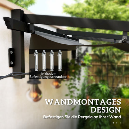 Outsunny Pavillon, 3 x 3 m Pergola, Winddichtes Terrassendach, Wandmontage, Verstellbares Dach, für Garten, Terrasse, Dunkelgrau