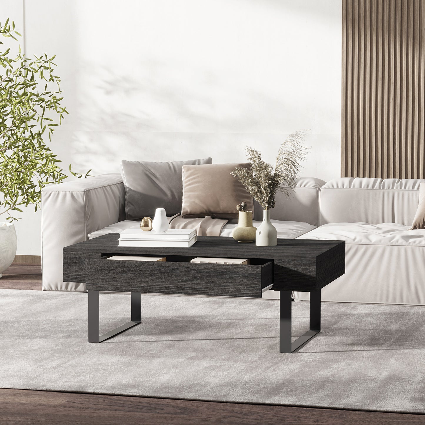 HOMCOM Couchtisch Wohnzimmertisch mit Schublade Modern Sofatisch mit Metallrahmen Beistelltisch Kaffeetisch für Wohnzimmer 110 x 60 x 40 سم، Dunkelgrau
