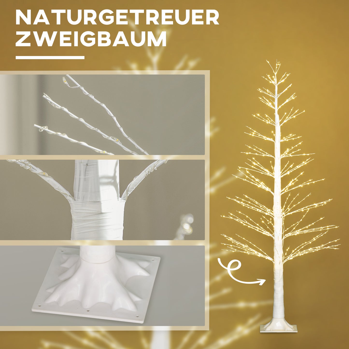 HOMCOM Kunsttanne mit LED-Beleuchtung, 180 cm hoher Weihnachtsbaum, realistische Rinde, Weiß