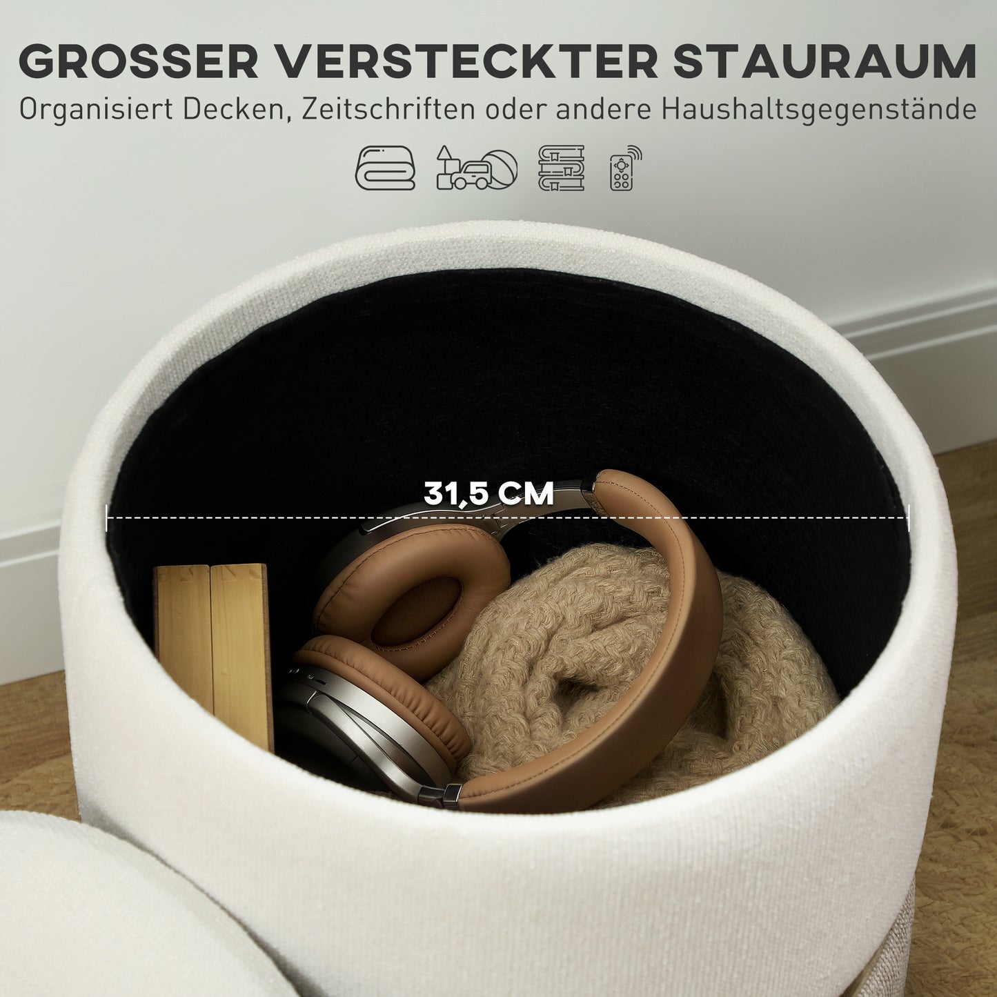 HOMCOM Sitzhocker mit Stauraum Hocker mit Deckel, Metallring, zweifarbig Design 36 x 36 x 44 cm Cremeweiß