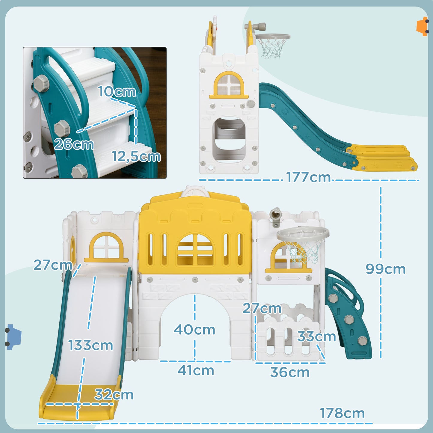 AIYAPLAY Kinderrutsche, 7-in-1 Spielgerüst, mit Basketball & Lenkrad, für 1-3 Jahre, 178x177x99cm, Gelb/Weiß/Grün