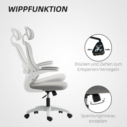HOMCOM Ergonomischer Bürostuhl mit Netzstoff-Rückenlehne, höhenverstellbar, klappbare Armlehnen, 5 Rollen, Wippfunktion, Grau