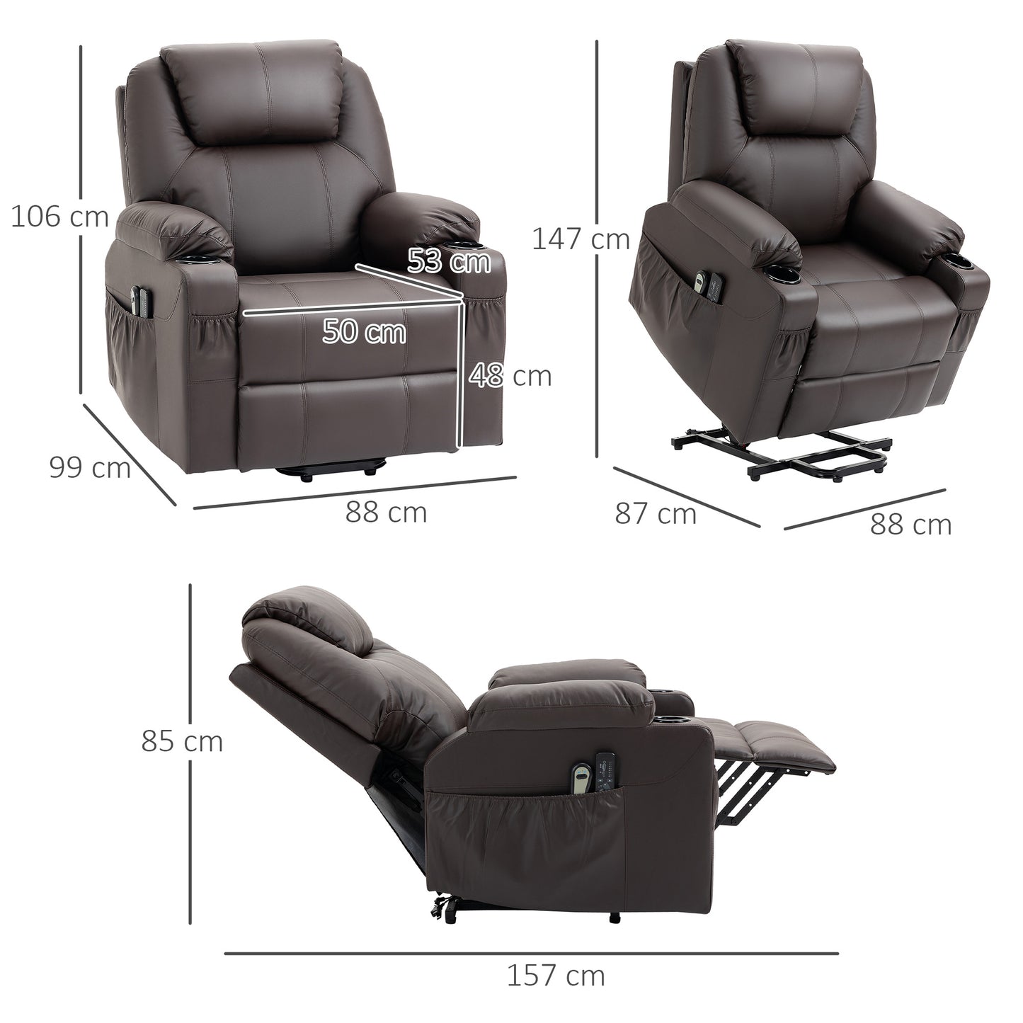 HOMCOM Massagesessel mit Aufstehhilfe, Liegefunktion, Kunstleder, bis 150 kg, 88 x 99 x 106 cm, Braun