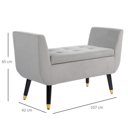 HOMCOM Sitzbank mit Stauraum und Armlehnen, Truhenbank, samtartiges Polyester, Kautschukholz, Hellgrau, 107 x 42 x 65 cm