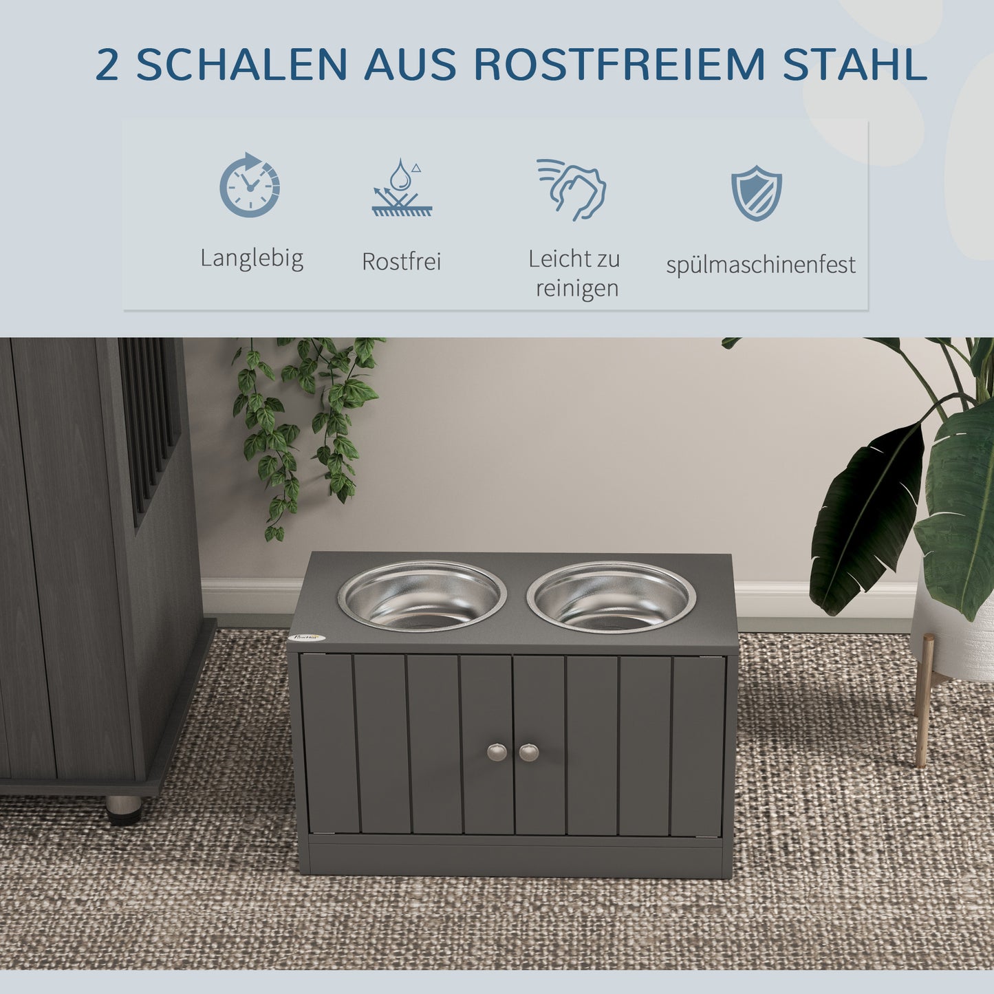 PawHut Erhöhte Futterstation mit 2 Edelstahlschüsseln und 44 L Stauraum, Magnettüren, für große Hunde, Grau