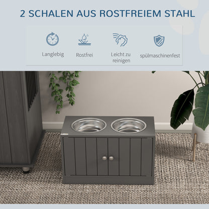 PawHut Erhöhte Futterstation mit 2 Edelstahlschüsseln und 44 L Stauraum, Magnettüren, für große Hunde, Grau