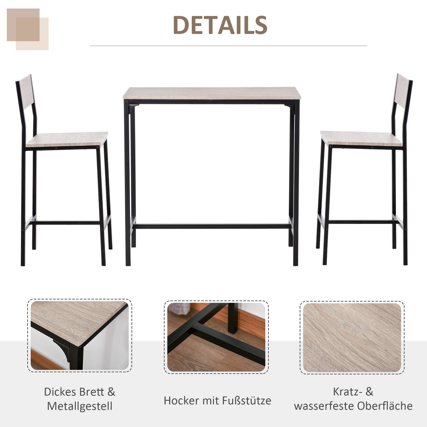 HOMCOM Bartisch Set Bartisch mit Barhocker-Set Esstisch mit 2 Stühlen mit Rückenlehne Küchentisch für Esszimmer, Küche, Natur+Schwarz