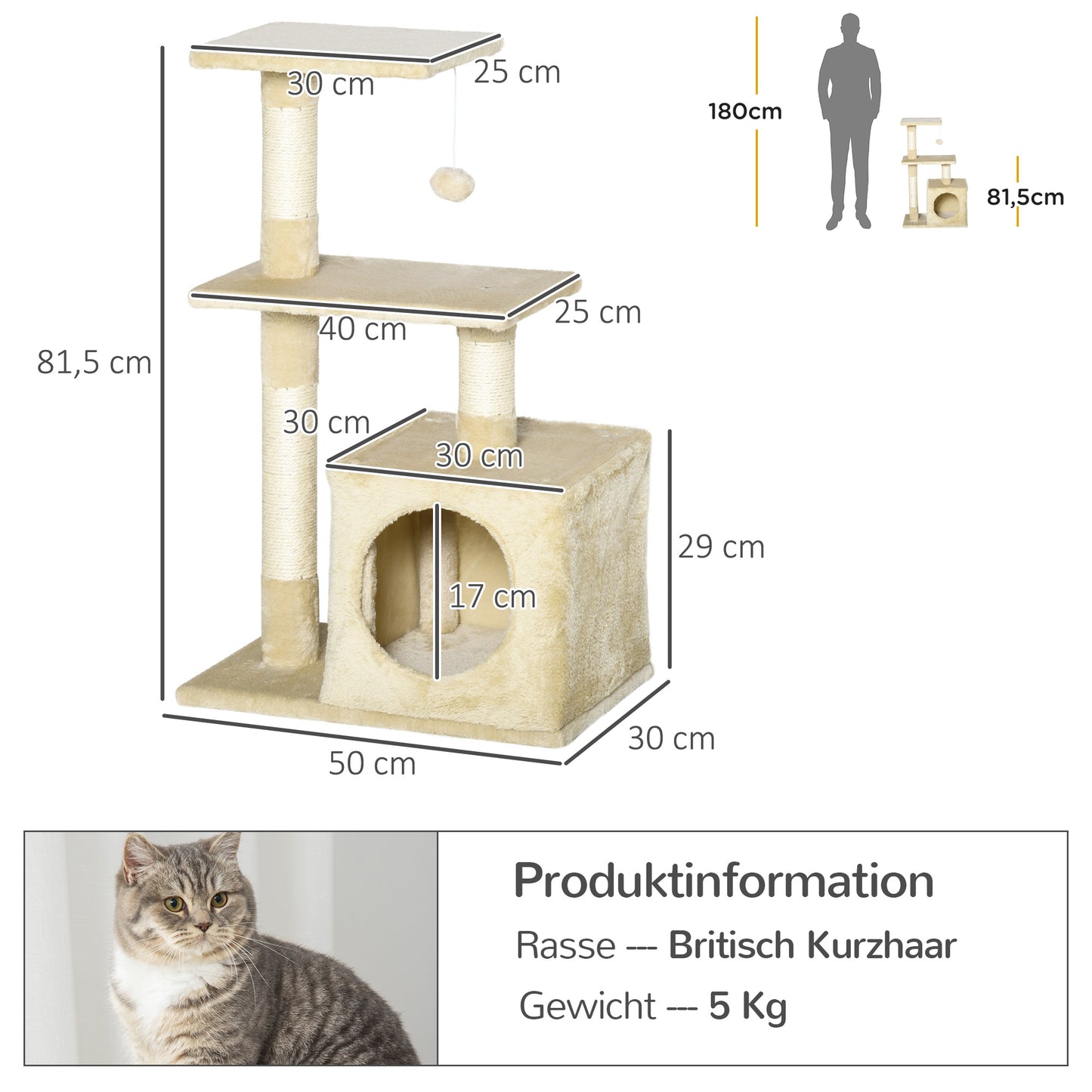PawHut Kratzbaum mit Sisal Katzenbaum Kletterbaum Katzenmöbel Kratzbrett mit weichem Plüsch Katzenspielzeug stabil E1-Klasse Spanplatte Beige 50 x 30 x 81,5 cm