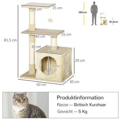 PawHut Kratzbaum mit Sisal Katzenbaum Kletterbaum Katzenmöbel Kratzbrett mit weichem Plüsch Katzenspielzeug stabil E1-Klasse Spanplatte Beige 50 x 30 x 81,5 cm