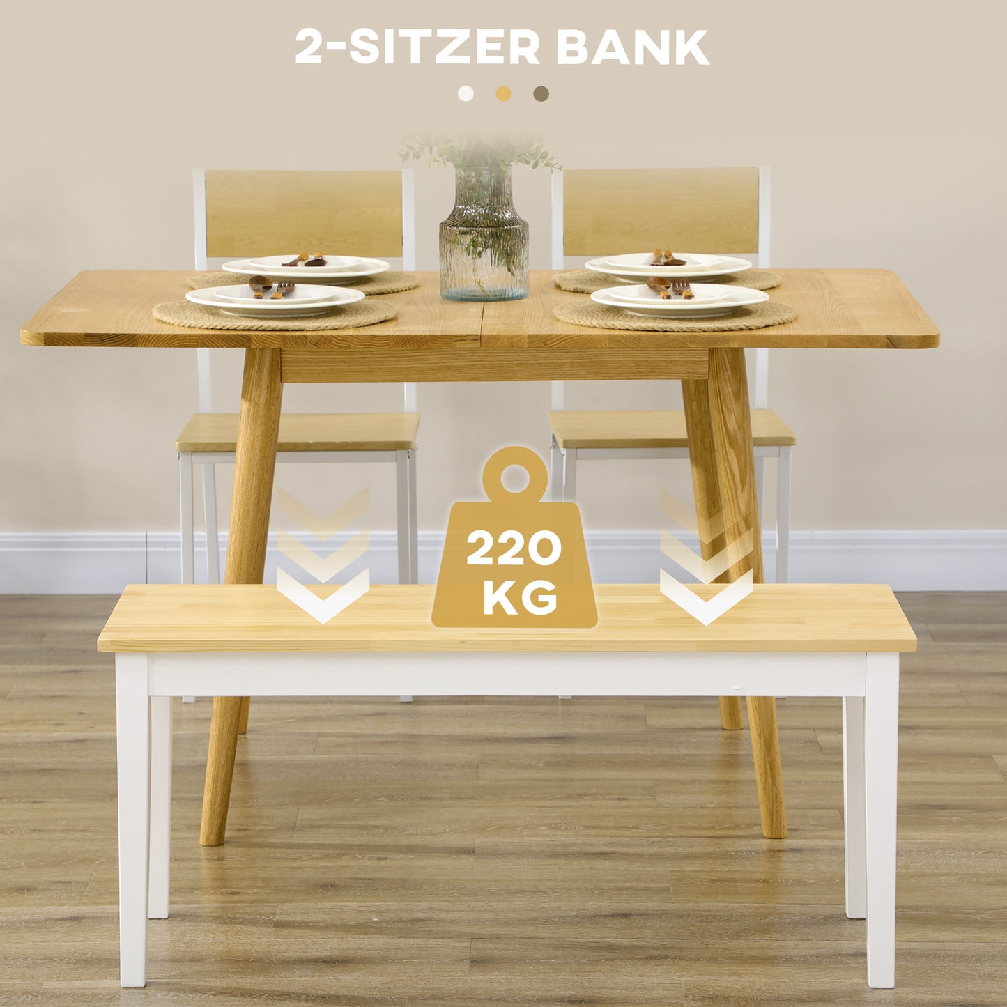 HOMCOM Sitzbank Holzbank 2er-Sitzbank, Massivholz, lackiert, Natur+ Weiß