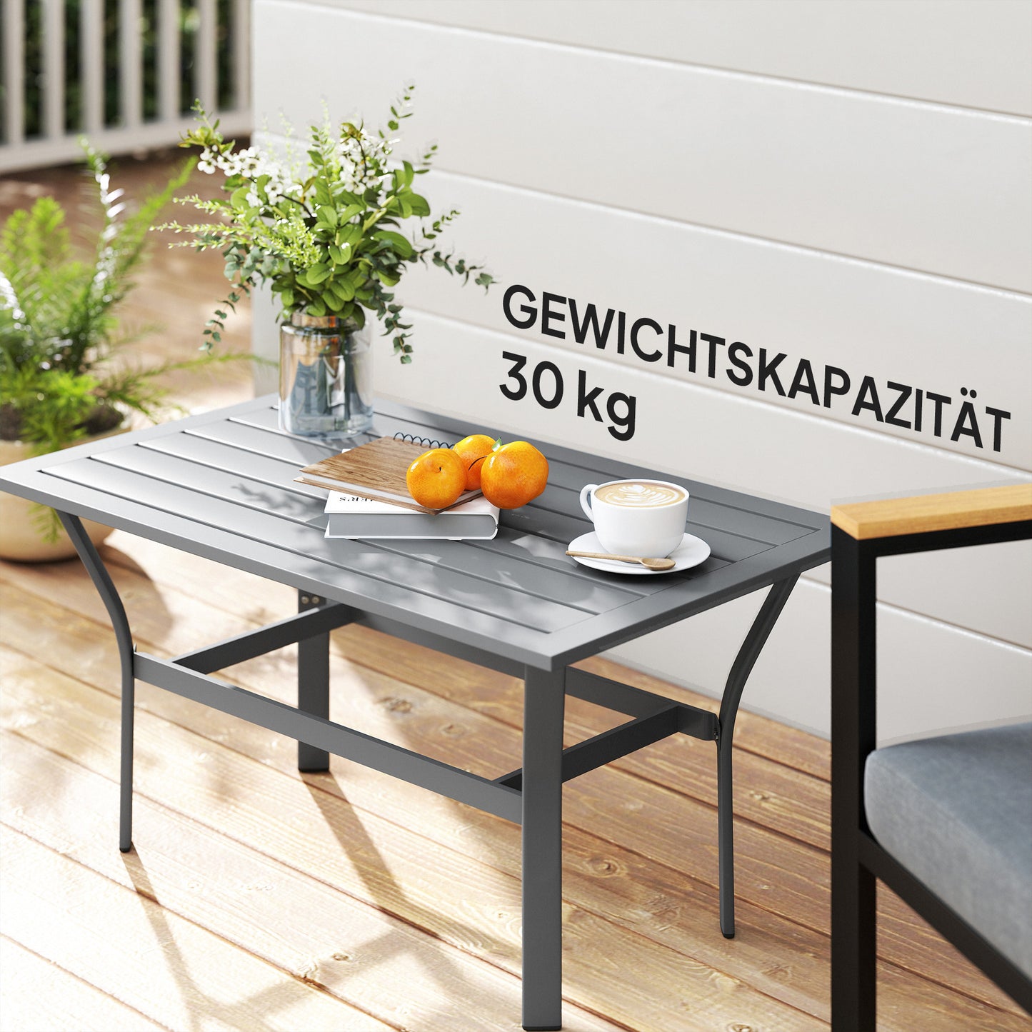 Outsunny Beistelltisch Metall Balkontisch mit Lamellendesign wetterfest Kaffeetisch Gartentisch 91,5 x 55 x 45 cm Dunkelgrau